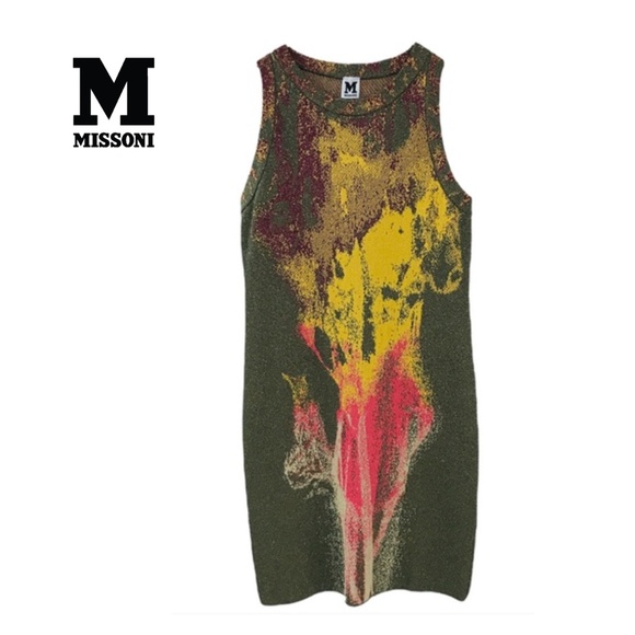 Missoni Dresses & Skirts - MISSONI {10} Dress Sleeveless Knit Abstract Metallic Army Green Hot Pink Yellow